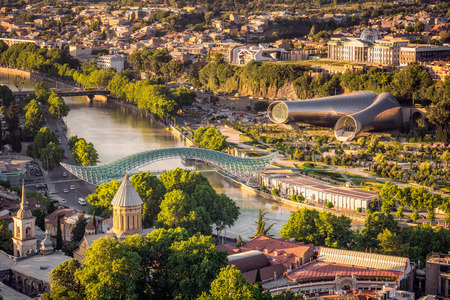 Areal view at the sunset from high mountain of the TBILISI, GEORGIAの写真素材