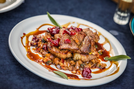 Cooked pork meat on grill this traditional southern dish is called shashlyk in Signahi, Georgia.の写真素材