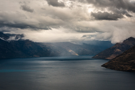 Aerial view on Lake Wakatipu in extreme sports capital Queenstown, New Zealand.の写真素材