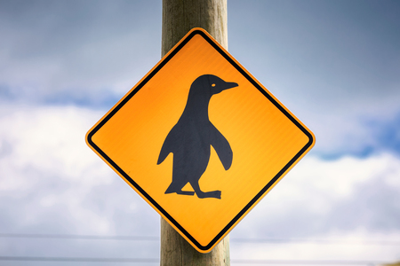 Penguin crossing sign at Oamaru in the South Island of New Zealand. Omaru is home to the blue penguin.の写真素材