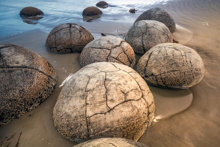 Unreal spheric Moeraki Boulders at sunset, Koekohe beach, Otago, South Island, New Zealand.の写真素材