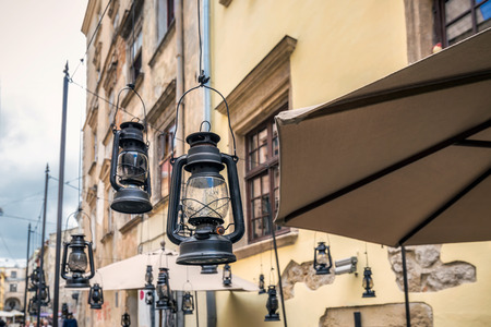 Gas lamps at Lviv old town in the center Lviv city, Ukraine.の写真素材