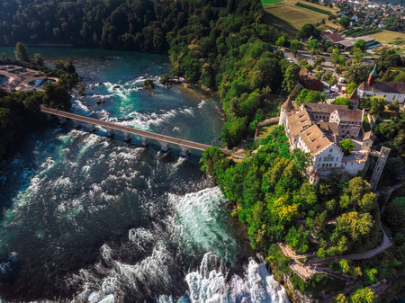 Rhine Falls (Rheinfall) waterfalls with Schloss Laufen castle, Neuhausen near Schaffhausen, Canton Schaffhausen, Switzerland, Europeのeditorial素材