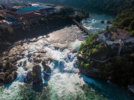 Rhine Falls (Rheinfall) waterfalls with Schloss Laufen castle, Neuhausen near Schaffhausen, Canton Schaffhausen, Switzerland, Europeの写真素材