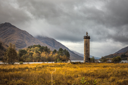 Panoramic view with famous Scottish lake Loch Shiel with Glenfinnan monument, Scotland.の写真素材