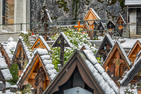 Scenic picture-postcard view of famous Hallstatt mountain village in the Austrian Alps at beautiful light in winter, Salzkammergut region, Hallstatt, Austria.の写真素材