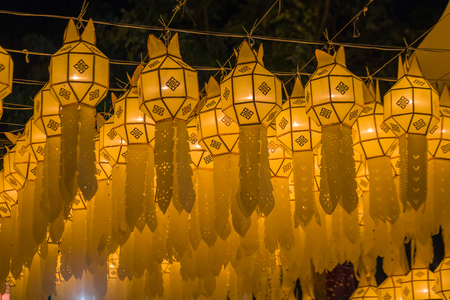 Loi krathong lantern Candle twilight time Festival held yearly at November every year. Show of respect and worship. Festival in Chaing Mai Thailand.の写真素材
