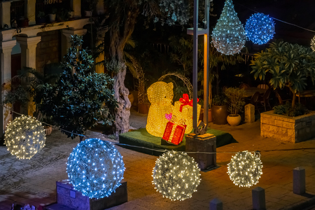 Night view of the street with Christmas decorations in Haifa, Israel.の写真素材