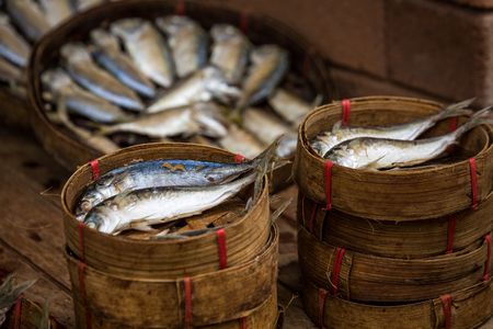 Fresh fish sold on the counter in the exotic market in Thailandの写真素材