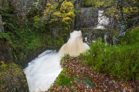 Amazing waterfall in the autumn forest in Scotland on a foggy dayの写真素材