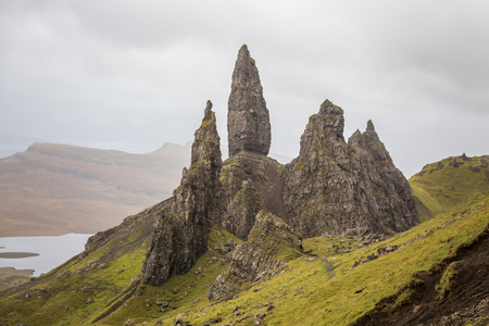 Beautiful autumn panoramic landscape in Scotland, wet weather outsideの写真素材