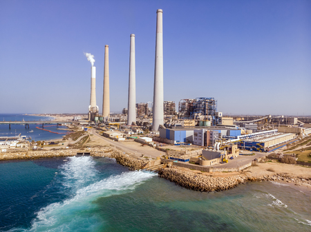 Aerial shot of power plant near Hadera, Israel.の写真素材