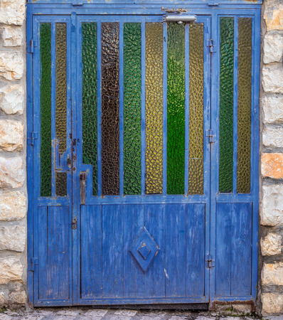 Door in blue streets of Holy city Safed, Israel.の写真素材