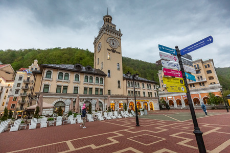 Sochi, Russia - MAY 02 2019: Rosa Khutor Alpine Resort at sunset.のeditorial素材