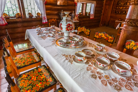 Sochi, Russia - MAY 11 2019: Russian Khokhloma, museum. Old wooden painting handicraft style and national ornament. First appeared in second half of 17th century.のeditorial素材