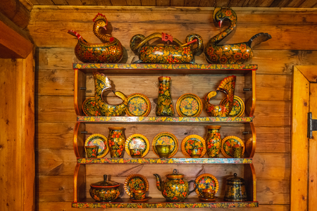Sochi, Russia - MAY 11 2019: Russian Khokhloma, museum. Old wooden painting handicraft style and national ornament. First appeared in second half of 17th century.のeditorial素材