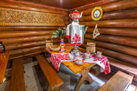Sochi, Russia - MAY 11 2019: Russian Khokhloma, museum. Old wooden painting handicraft style and national ornament. First appeared in second half of 17th century.のeditorial素材