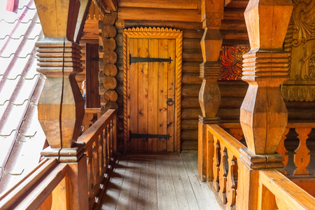 Sochi, Russia - MAY 11 2019: Russian Khokhloma, museum. Old wooden painting handicraft style and national ornament. First appeared in second half of 17th century.のeditorial素材