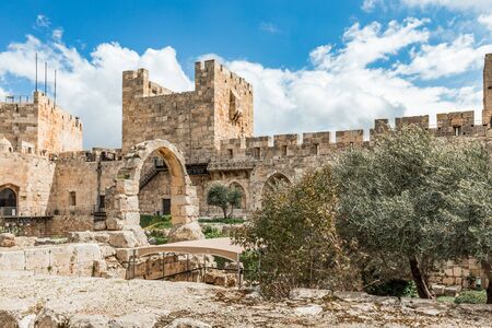 The Jaffa Gate in Old City of Jerusalem, Israel with clouds on backgroundの写真素材