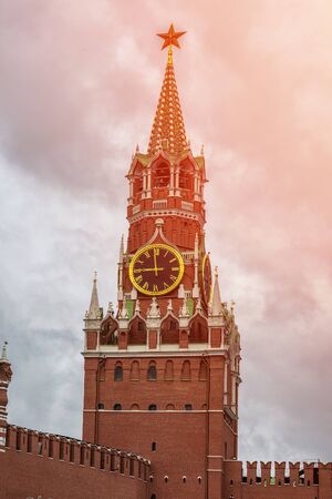 Kremlin and St Basil's Cathedral on the Red Square in Moscow in summer, Russia. Moscow Kremlin is one of the main travel attractions in Europe. Beautiful night panorama of Moscow centre.の写真素材