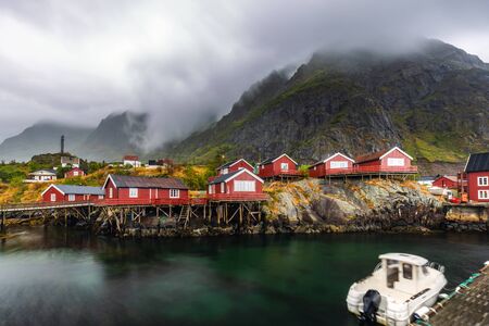 Red houses at Ã (meaning "stream") is a village in Moskenes Municipality in Nordland county, Norway. This is last town on Lofoten islands by highway called King Olav's Road.の写真素材