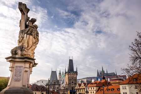 Main landmarks of Prague, Czech Republic. Charles Bridge and Old Town Tower at sunrise.の写真素材
