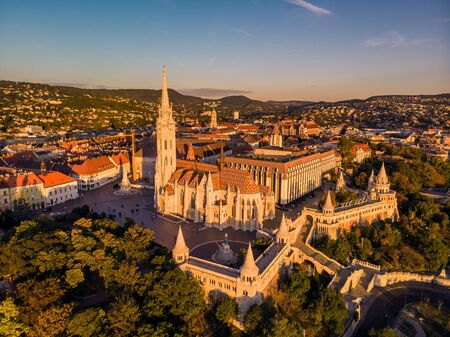 Aerial panoramic skyline view of Budapest at cloudy sunrise with Matthias Church and Fisherman's bastion in Budapest Hungary.の写真素材