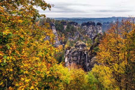 View of The Bastei bridge from the opposite side, Saxon Switzerland National Park, Germany. The Bastei bridge, Saxon Switzerland National Park.の写真素材