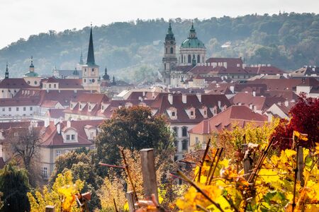 Old town of Prague. Czech Republic over river Vltava with Charles Bridge on skyline. Panoramic landscape view with red roofs. Prague view from Prague castle in Prague, Czechia.の写真素材