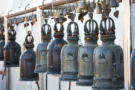 Bangkok, Thailand - December 09 2017: Many old bells in the temple of Wat Saket and the Golden Mount in Bangkok, the capital of Thailand.のeditorial素材