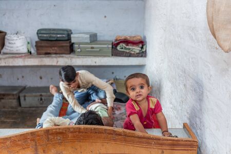 Jodhpur, India - March 08 2017: Big family in the village house.のeditorial素材