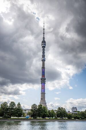 Ostankino television tower. Broadcasting center at Moscow, Russia. Moscow, Russia - August 06 2019.のeditorial素材