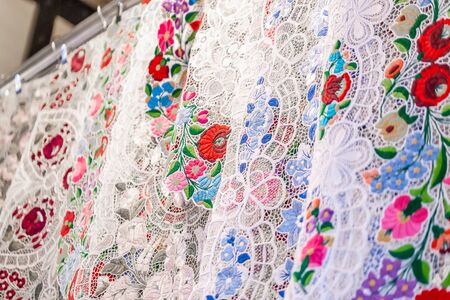 Flower cotton handmade scarf composition background at Budapest, Hungary.の写真素材