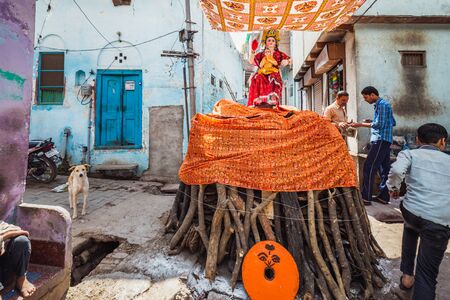 Vrindavan, India - March 12 2017: Pile of wood ready to be burned during celebration of Holi...