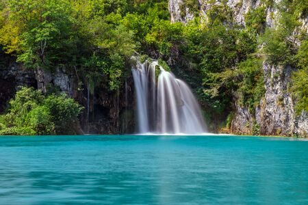 Several waterfalls of one of the most astonishing places in the world at  Plitvice Lakes, Croatia. A truly virgin and wonderful piece of nature.の写真素材