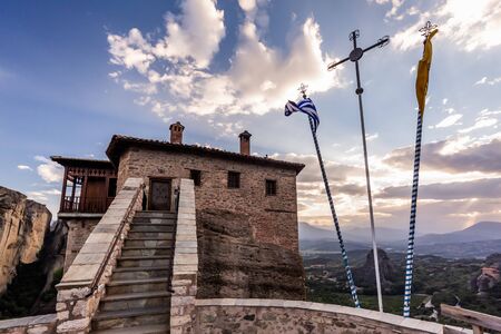 Monastery Meteora Greece. Stunning summer panoramic landscape. View at mountains and green forest against epic blue sky  clouds.   list object.の写真素材