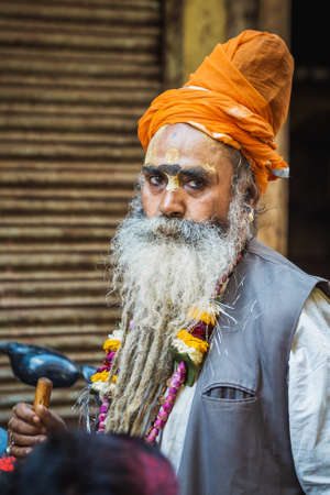 Vrindavan, India - March 12 2017: Holy man at Holi festival in Vrindavan, India.のeditorial素材