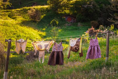 Drying clothes at  New Zealand. The place where hobbits live in their holes.の写真素材