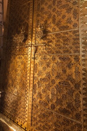 Moroccan handmade metal lamps and plates at the shop in Medina of Fez, Morocco.の写真素材