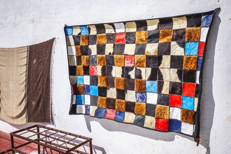 Moroccan leather carpet at a shop in a traditional tanneries, Medina of Fez, Morocco.の写真素材