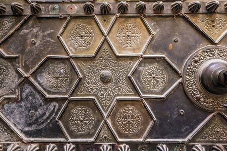 Moroccan ornate door at a shop in Medina of Fez, Morocco.の写真素材