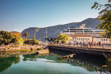 Beautiful mediterranean landscape. Cruise ship at Kotor bay, Montenegro. Kotor, Montenegro - July 20 2018.のeditorial素材