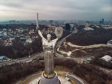 The Motherland Monument is a monumental statue in Kiev, the capital of Ukraine. The sculpture is a part of the Museum of The History of Ukraine in World War II, Kiev. KIEV, UKRAINE - January 04, 2020.のeditorial素材