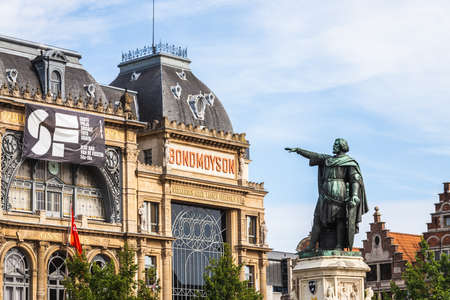 Medieval city of Gent in Flanders with Saint Nicholas Church and Gent Town Hall, Belgium. Sunset cityscape of Gent.Gent, Belgium - July 29 2018.のeditorial素材