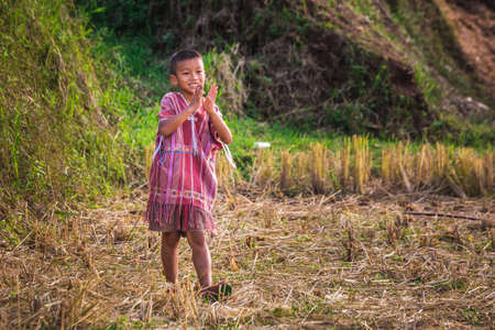 Local boy in the field at Doi Inthanon national park. Chiang Mai, Thailand - November 10 2017.のeditorial素材