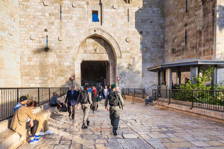 Police officers on duty near Damascus Gate at the old city of Jerusalem. They were built in 16th...
