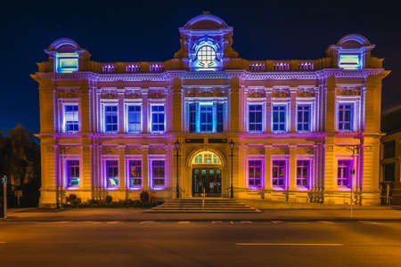 Neoclassical Oamaru building with night illumination. Oamaru, New Zealand - January 07 2018.のeditorial素材