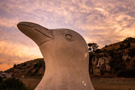 Penguin statue at Oamaru in the South Island of New Zealand. Omaru is home to the blue penguin. Oamaru, New Zealand - January 05 2018.のeditorial素材