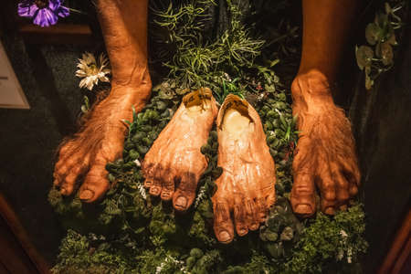 Hobbit's feet at the Weta Cave tour. Company for special effects of the Lord of the Rings. Wellington, New Zealand - January 11 2018.のeditorial素材