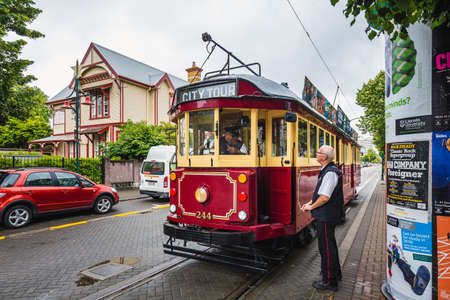 Restored heritage tram at Cathedral square. New Zealand, South Island. Christchurch, Canterbury Region. Christchurch, New Zealand - December 26 2017.のeditorial素材